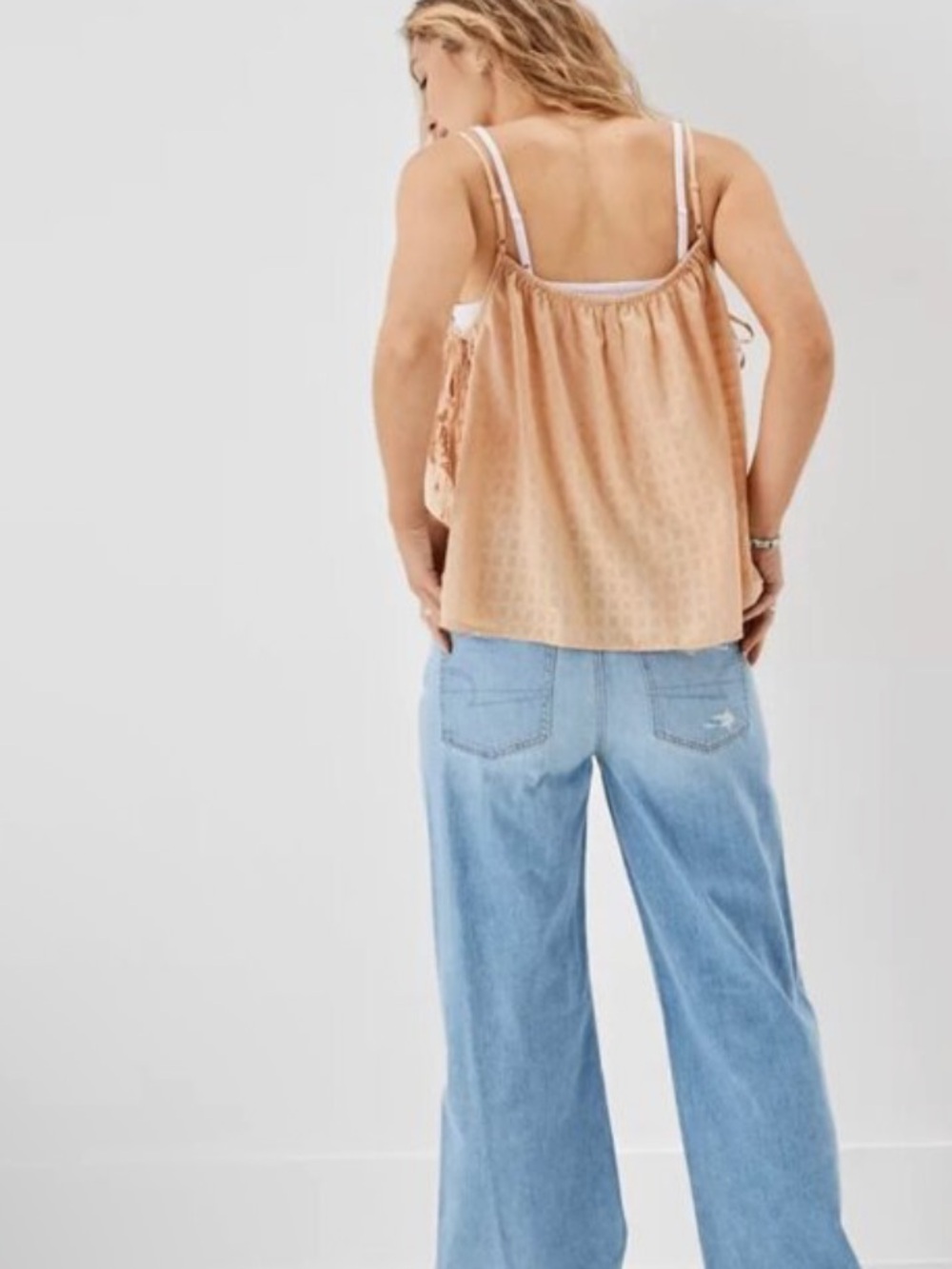 American Eagle Peach Tan Gingham Crochet Lace Side Tie Tank Top Shirt Size S - Picture 5 of 15